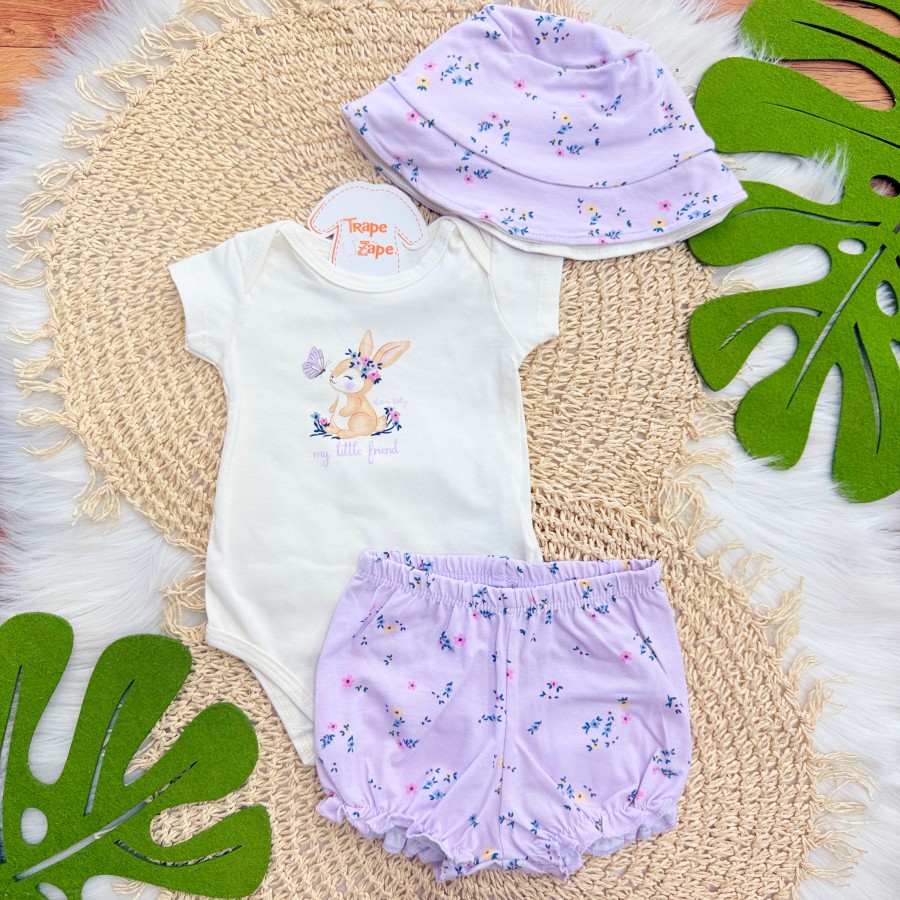 Conj. Body My Little Friend, Bucket e Short Florzinhas - Lilás e Off White